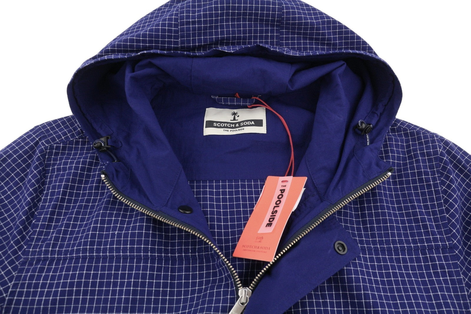 SCOTCH & SODA Men Jacket M Blue Plaid Pattern Hooded Full Zip Lightweight