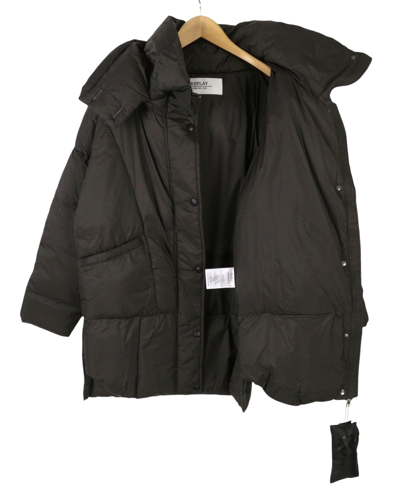 REPLAY W7453 Women Jacket M Dark Brown Padded Quilted Hooded Mid-Length
