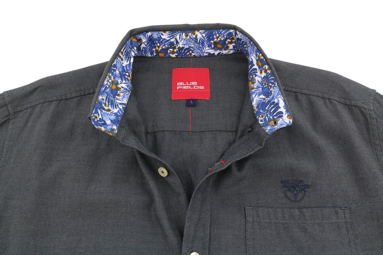 BLUE FIELDS Men Shirt L Grey Melange Patterned Button-Down Collar Casual