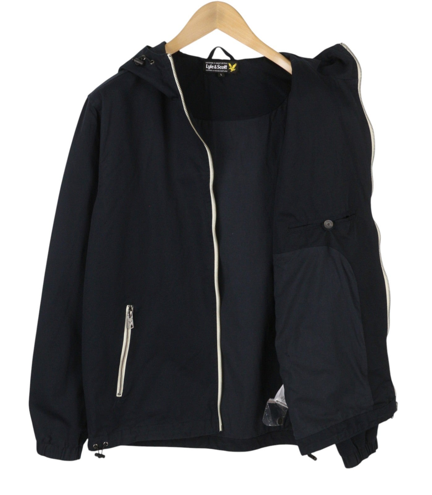 LYLE & SCOTT Men Jacket L Dark Blue Hooded Lined Full Zip Lightweight