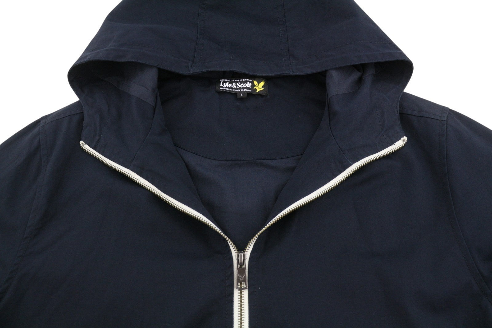 LYLE & SCOTT Men Jacket L Dark Blue Hooded Lined Full Zip Lightweight