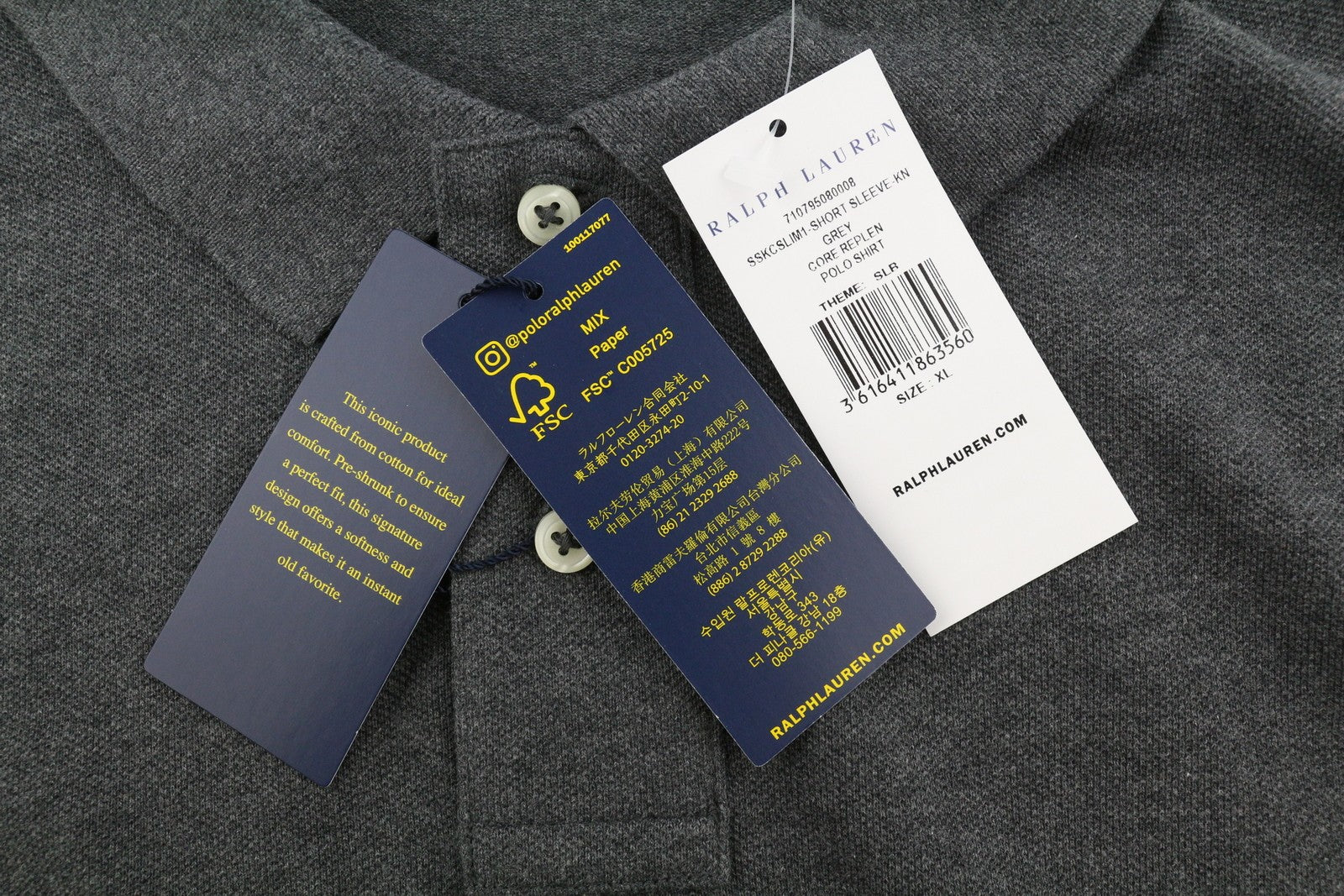RALPH LAUREN Slim Fit Men Polo XL Dark Grey Melange Cotton Short Sleeve