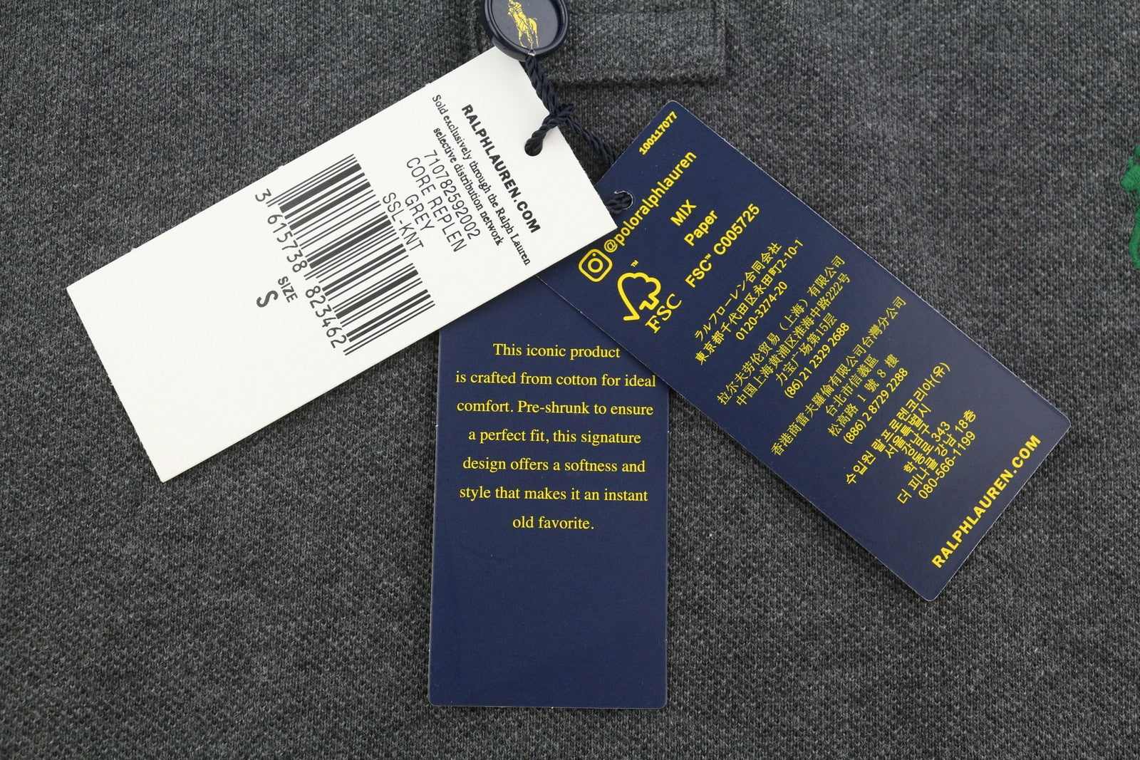 RALPH LAUREN Custom Slim Fit Men Polo S Dark Grey Melange Cotton Sleeve