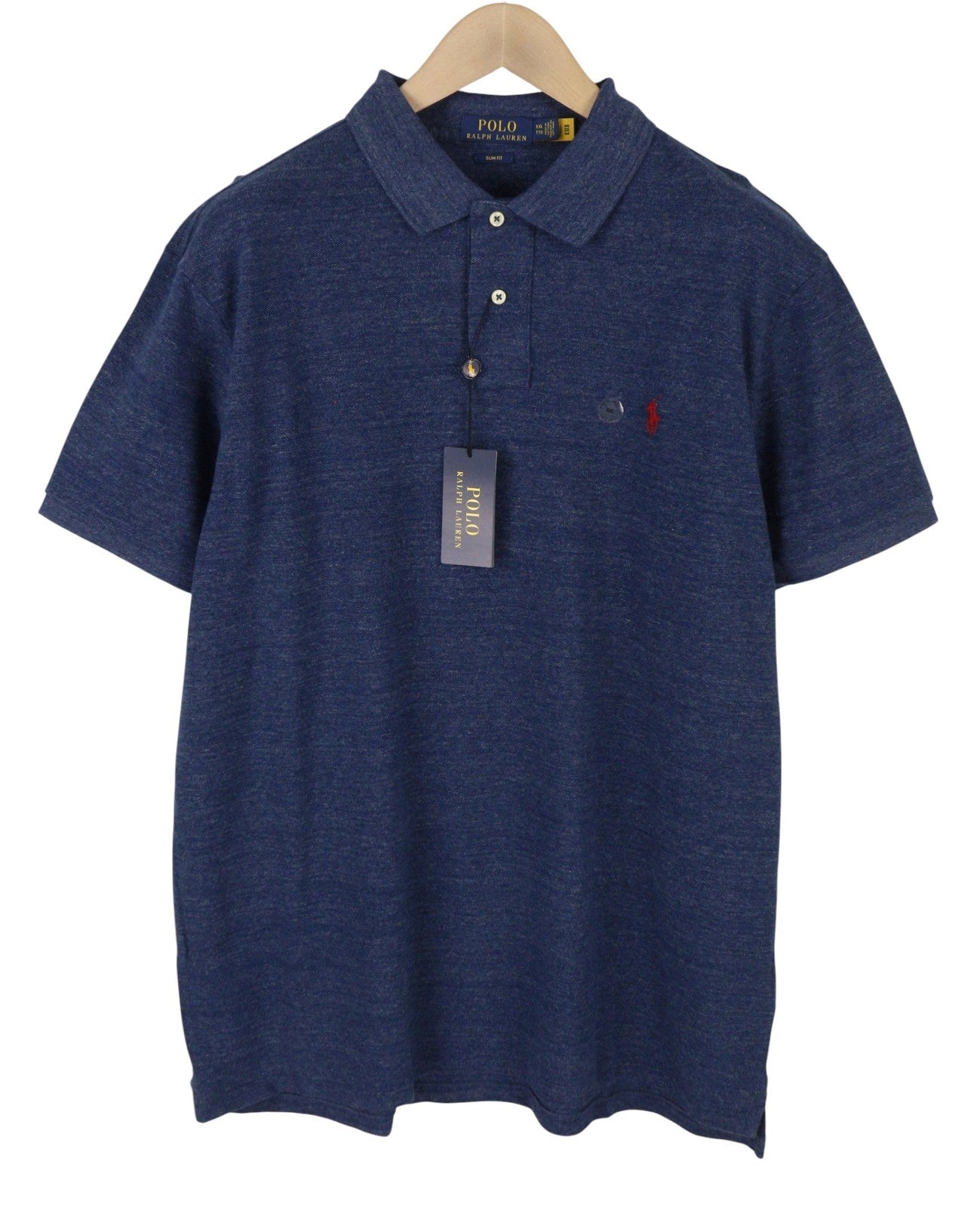 RALPH LAUREN Slim Fit Men Polos 2XL Melange Blue Pony Logo Short Sleeve