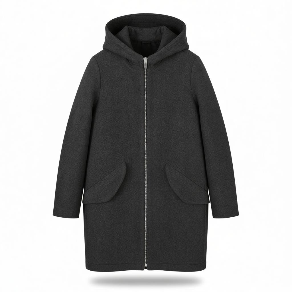 SANDRO Women Coat EU36 Grey Melange Wool Blend Hooded Mid Length Light