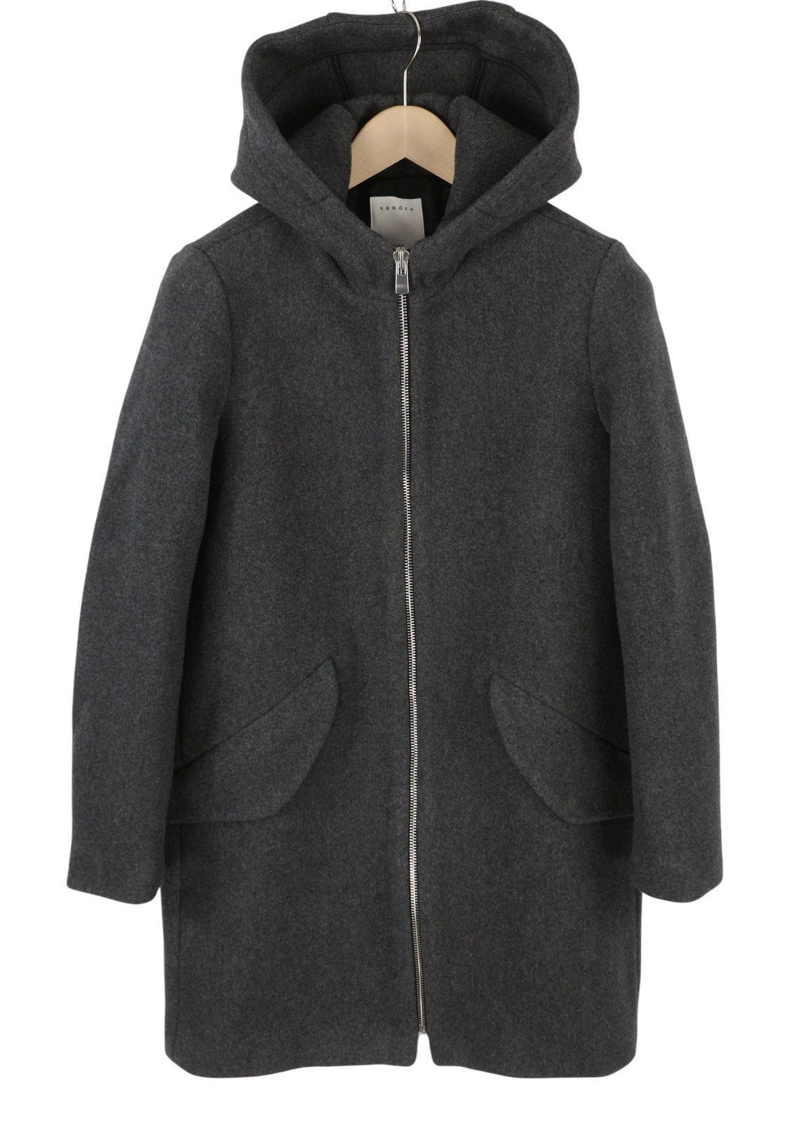 SANDRO Women Coat EU36 Grey Melange Wool Blend Hooded Mid Length Light