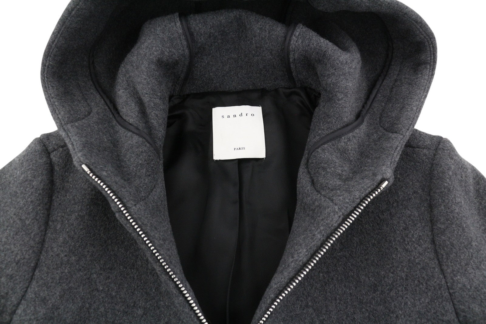 SANDRO Women Coat EU36 Grey Melange Wool Blend Hooded Mid Length Light