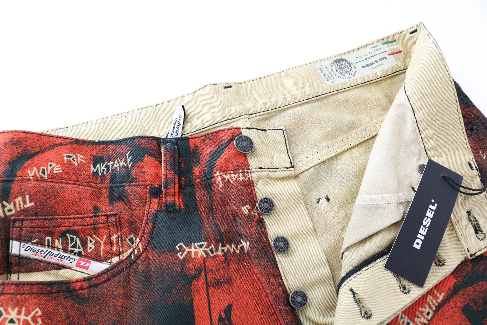 DIESEL D-Macs-SY1 069KR Men Jeans W32/L32 Straight Red 5-Pocket Cotton Patterned