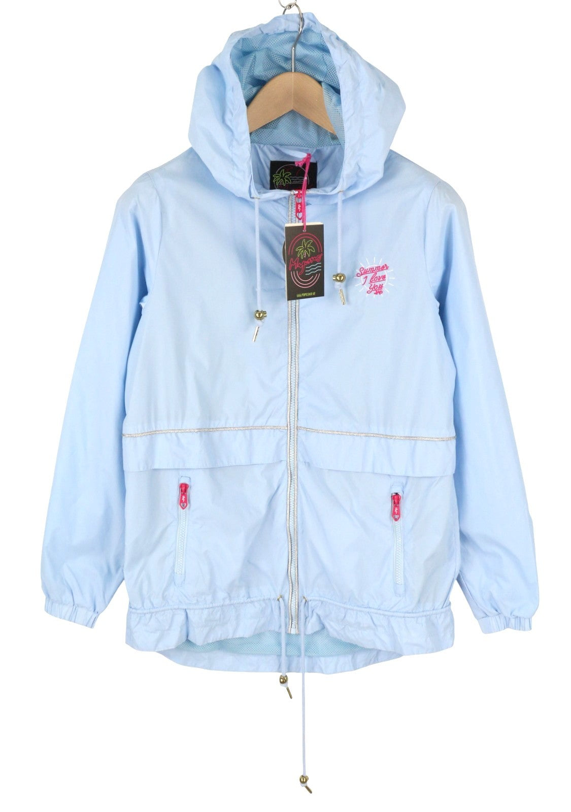 MYMO Women Jacket XS Light Blue Hooded Drawstring Waist Light Parka