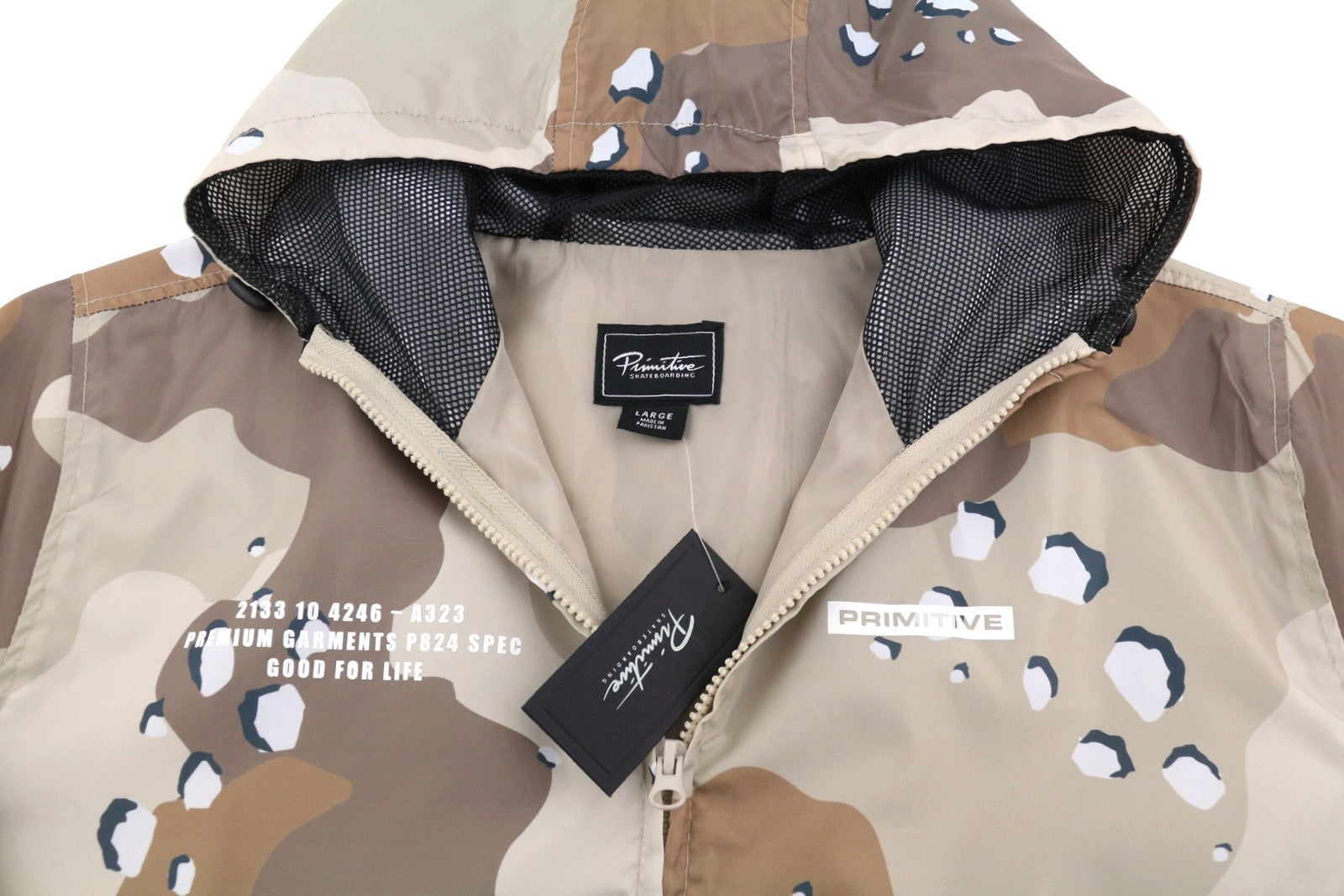 PRIMITIVE SKATEBOARDING Men Jacket L Brown Camo Hooded Zip Light Jacket