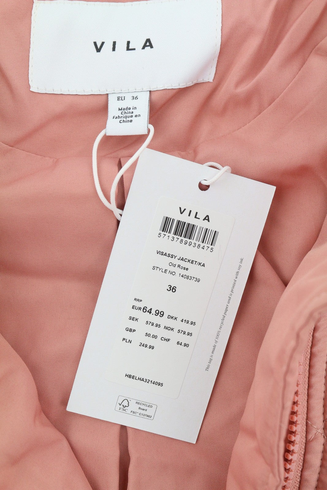 VILA Sassy Women Jacket EU36 Pink Quilted Padded Asymmetric Zip Light