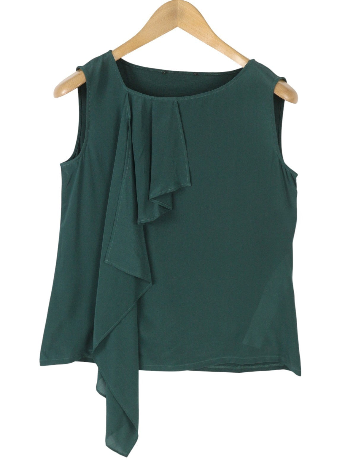 MAX MARA Women T-Shirt S Green Silk Ruffled Front Round Neck Sleeveless