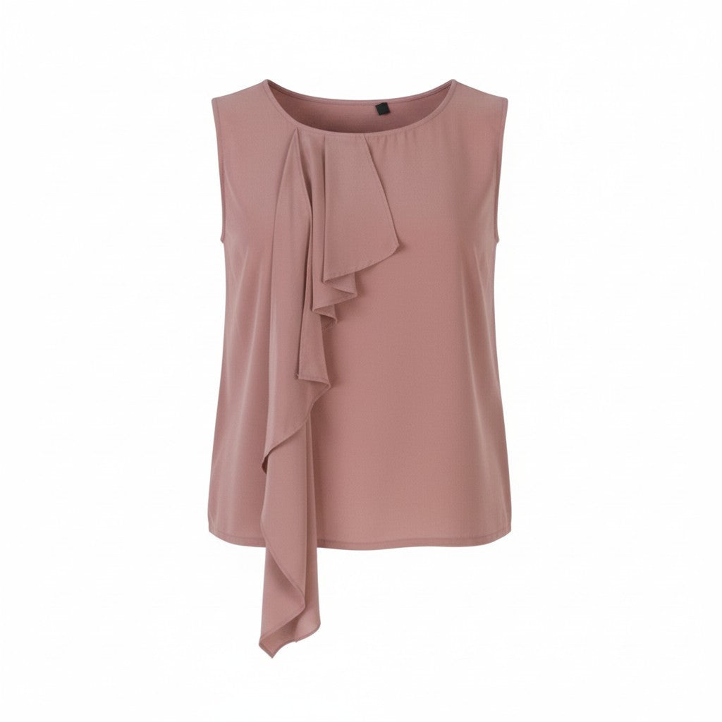 MAX MARA Women T-Shirt S Pink Silk Ruffled Front Round Neck Sleeveless