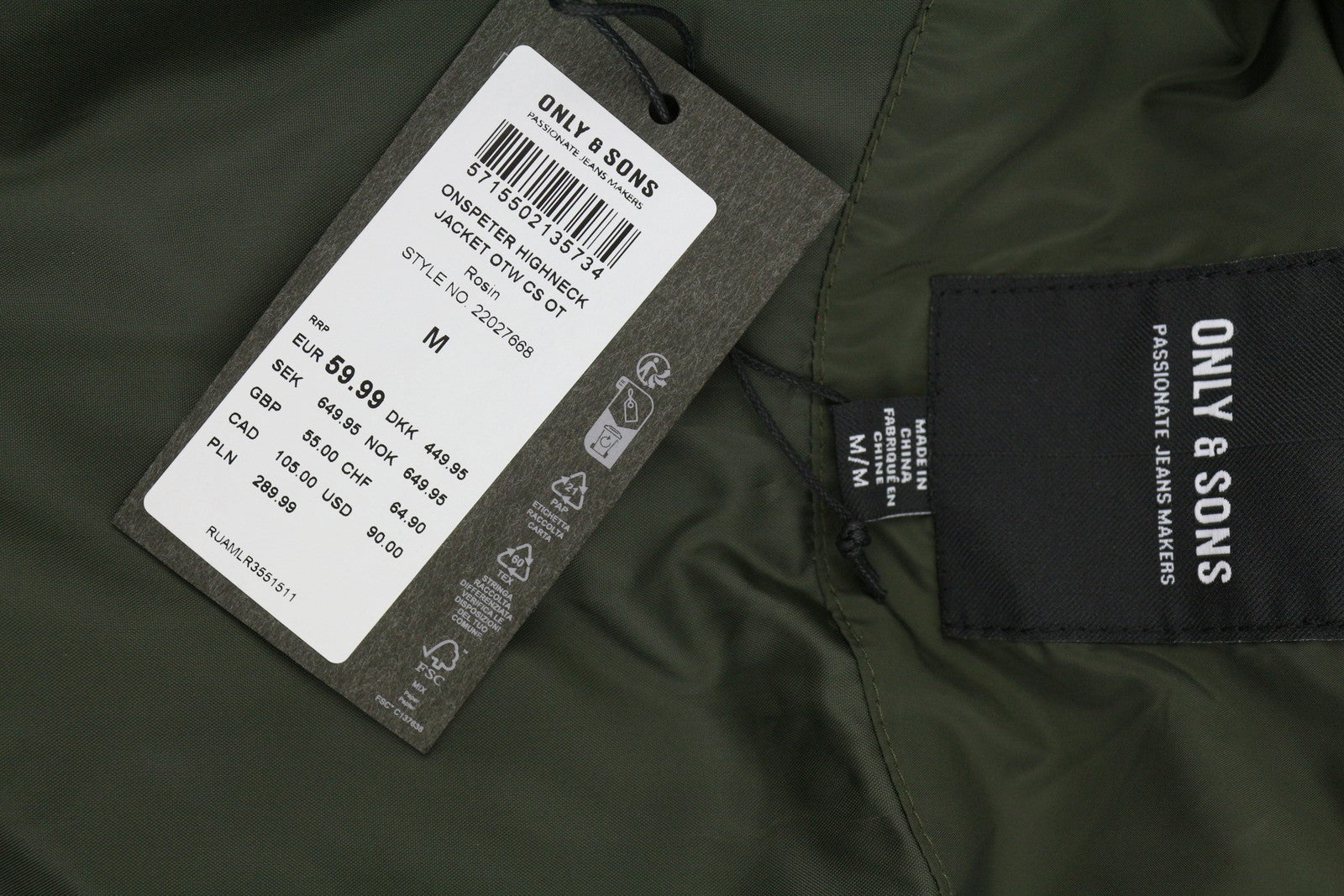 ONLY & SONS Onspeter Highneck Men Jacket M Dark Green Quilted Zip Padded