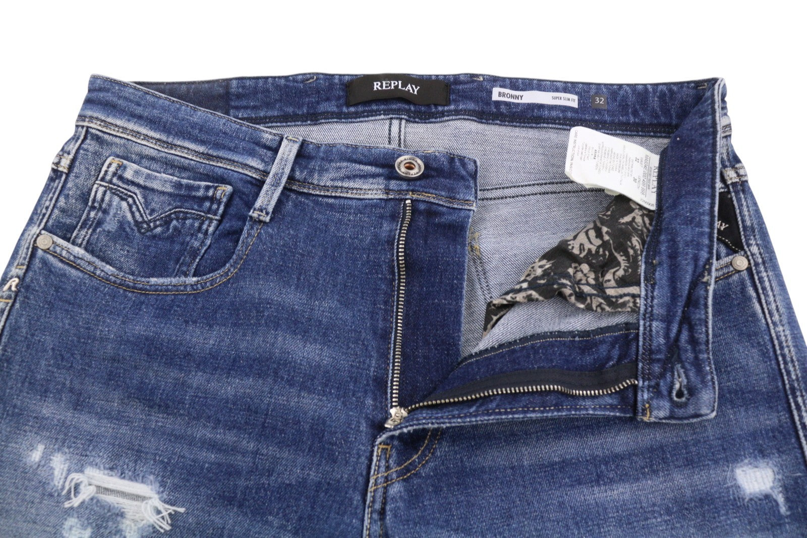 REPLAY Bronny Men Jeans W32/L30 Blue Whiskers Faded Distress Super Slim Fit