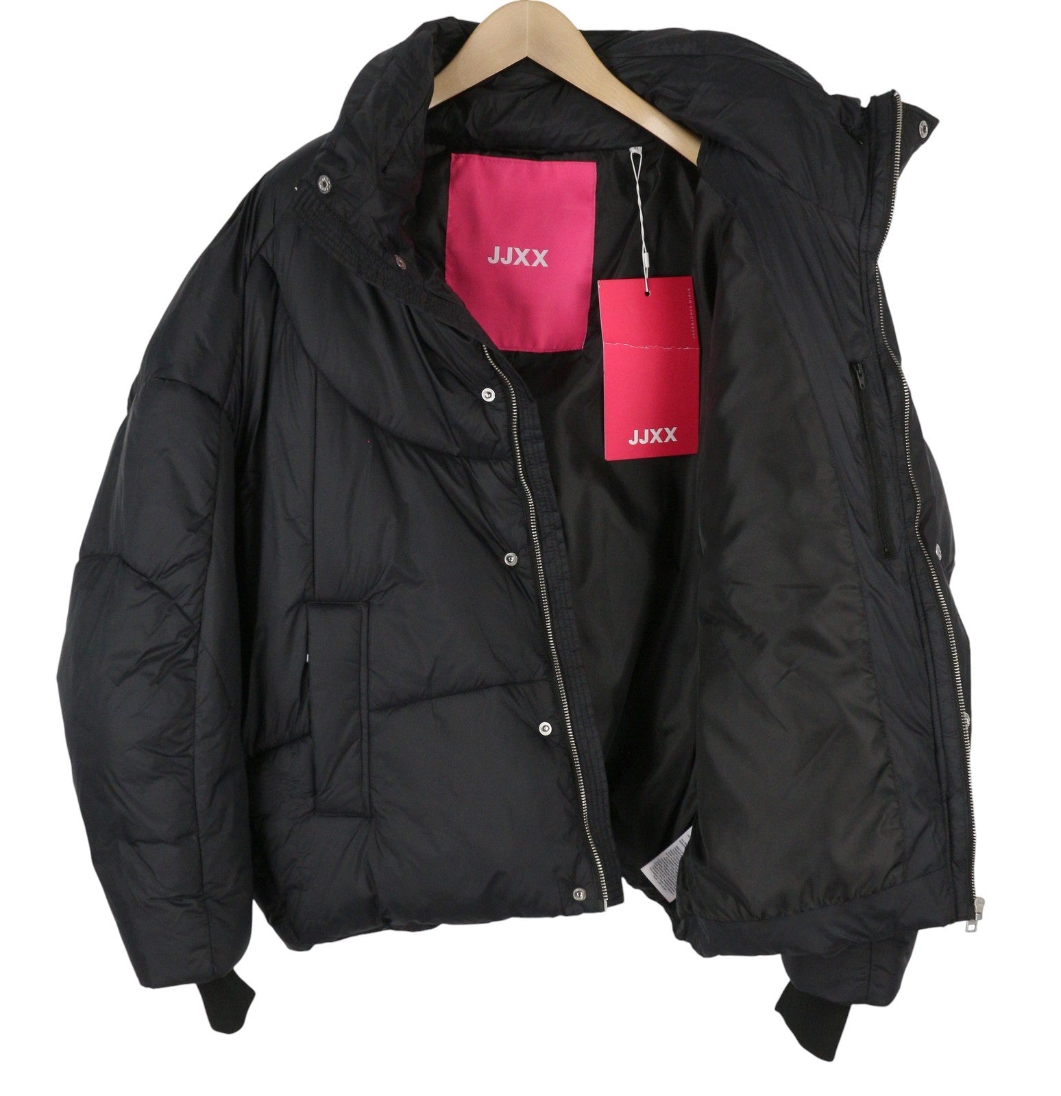 JJXX Saga Nylon Quilted Women Jacket XL Black Oversized Hidden Hood