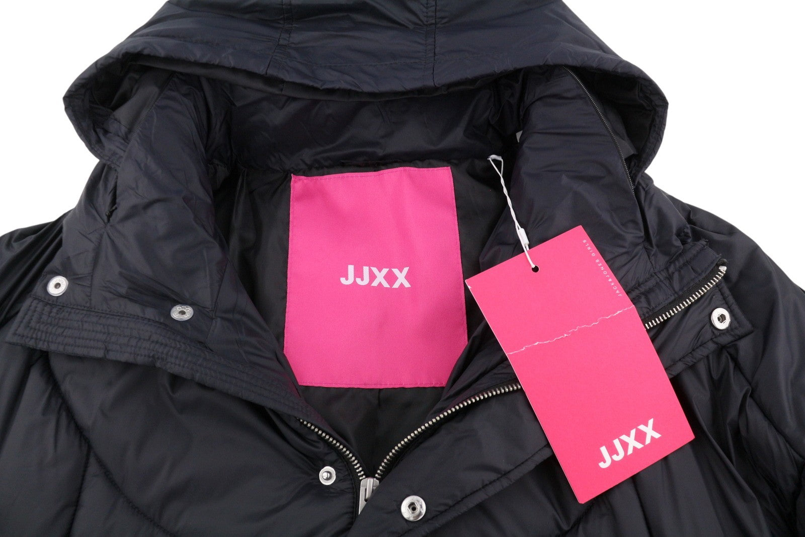 JJXX Saga Nylon Quilted Women Jacket XL Black Oversized Hidden Hood