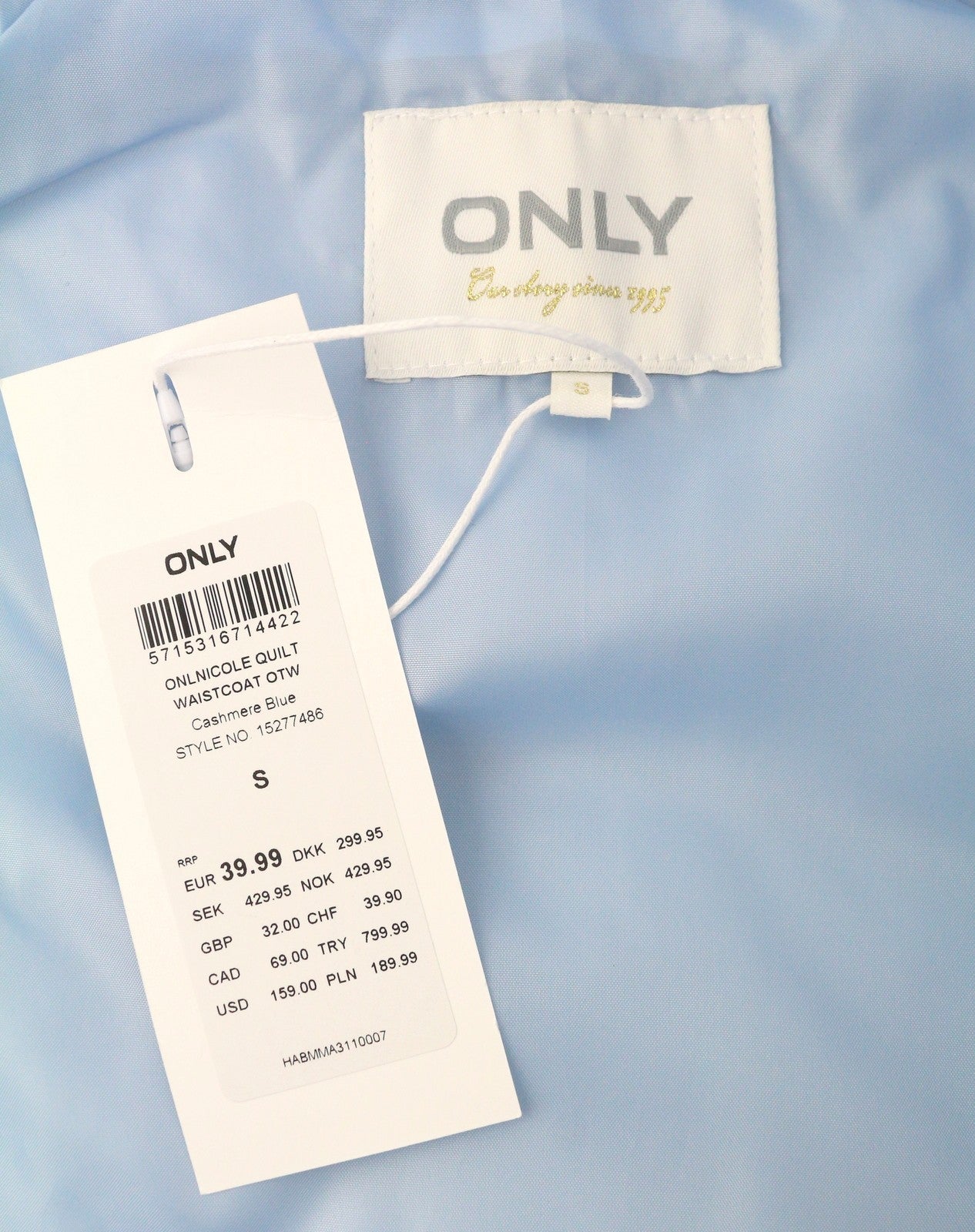 ONLY Nicole Quilt Women Waistcoat S Light Blue Padded High Neck Zip