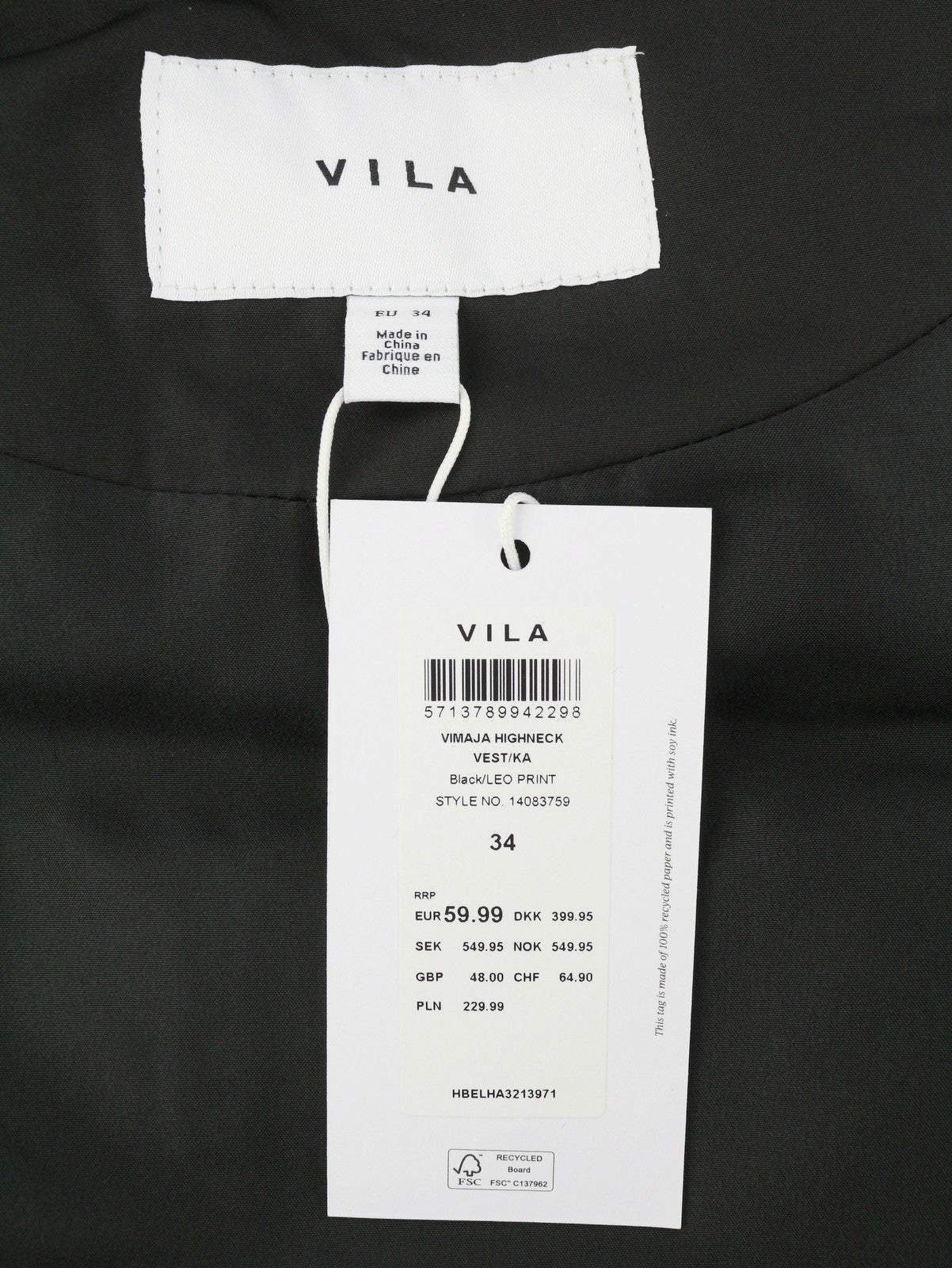 VILA Maja High Neck Women Waistcoat EU34 Black Leopard Quilted Padded