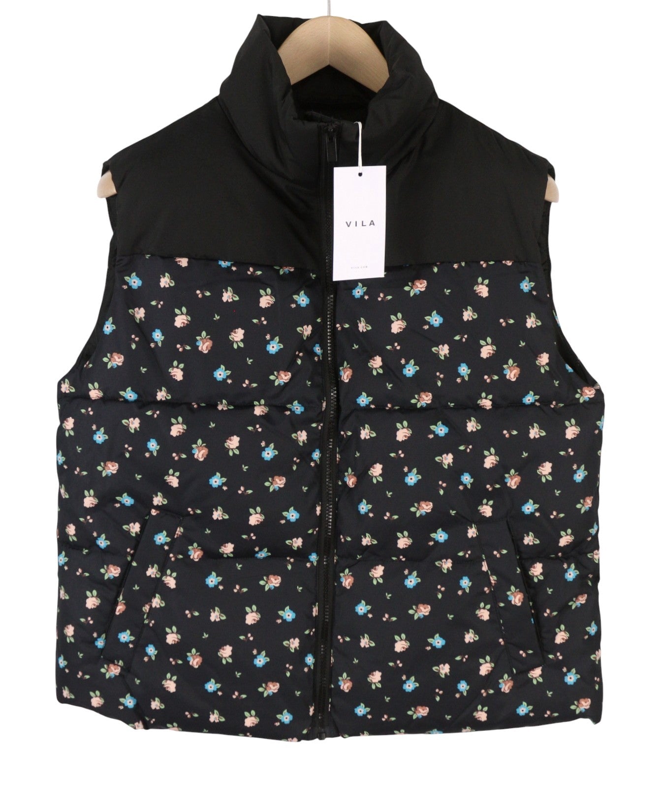 VILA Maja High Neck Women Waistcoat EU40 Black Floral Quilted Padded
