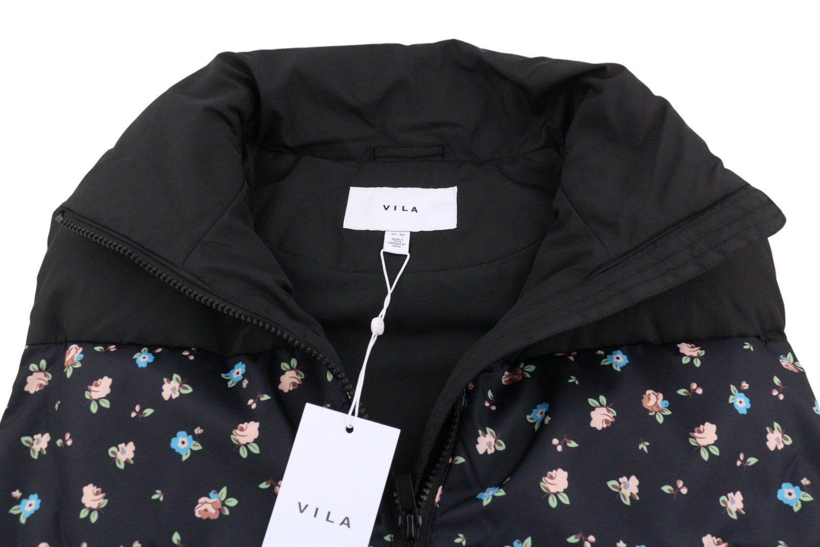 VILA Maja High Neck Women Waistcoat EU42 Black Floral Quilted Padded