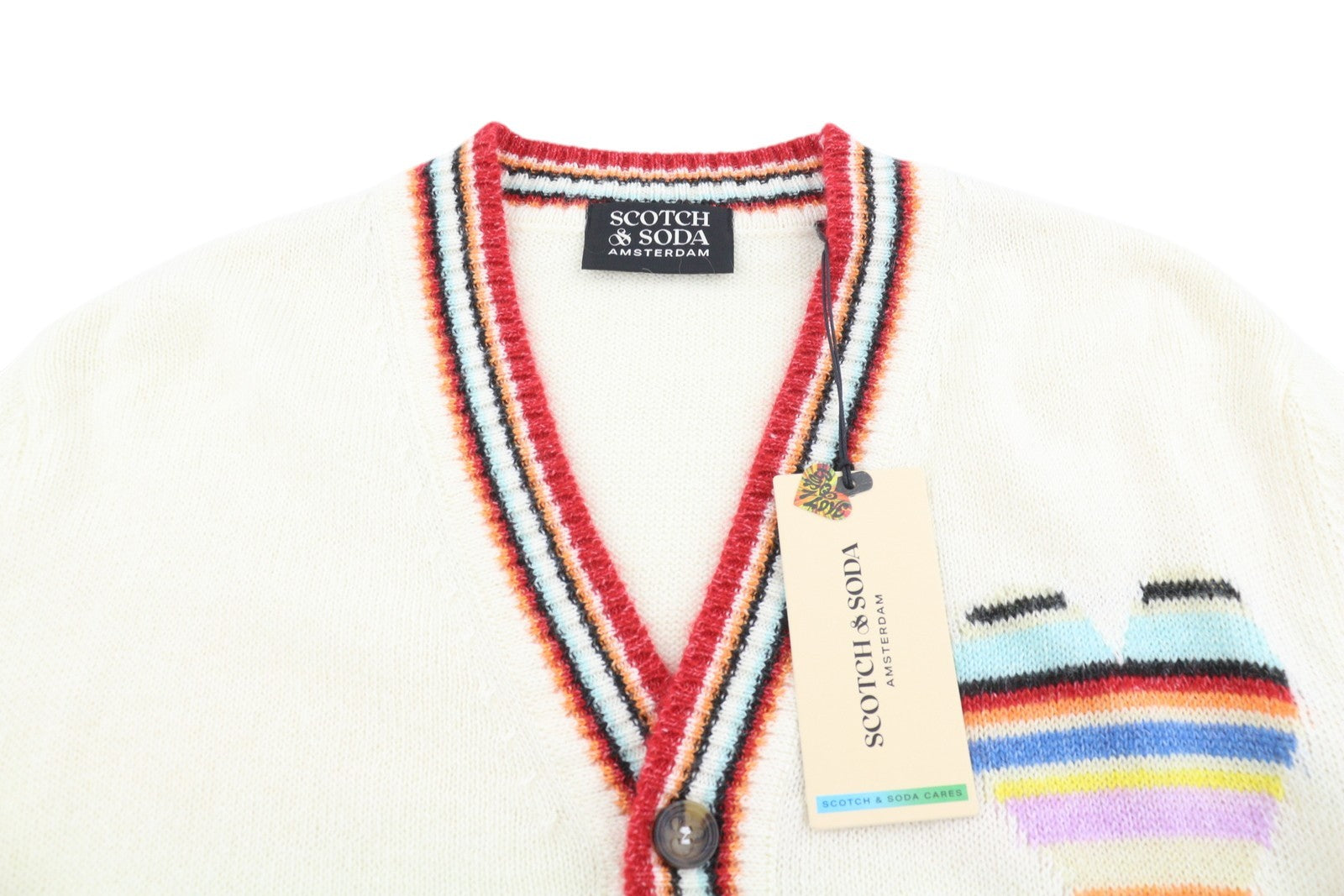SCOTCH & SODA Men Jumper S Off White Linen Blend Knitted Patterned Cardigan