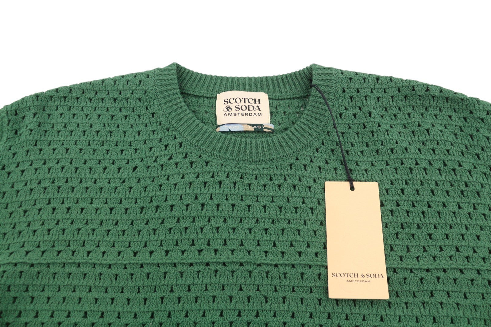 SCOTCH & SODA Men Jumper L Green Open Knit Crew Neck Pull On