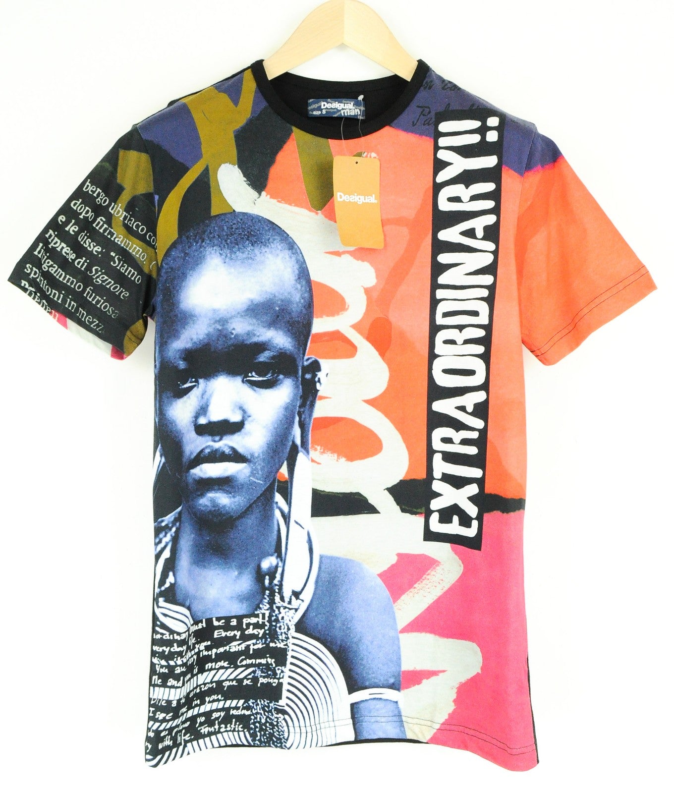 DESIGUAL ES Edmund Men T-Shirt S Printed Slang Crew Neck Colourful Jersey