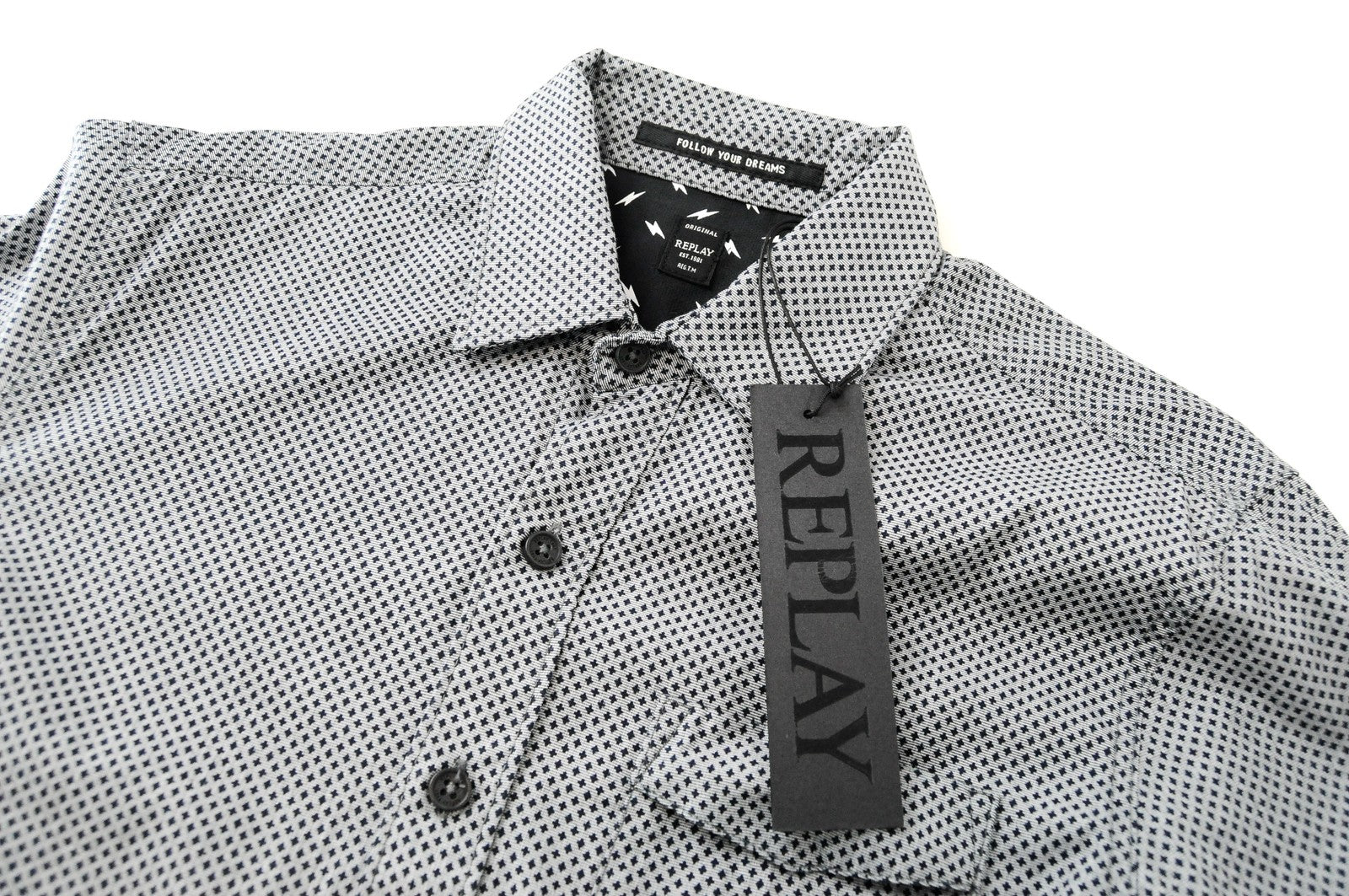 REPLAY Men Shirt S Grey Long Sleeved Patterned Spread Collared Pure Cotton