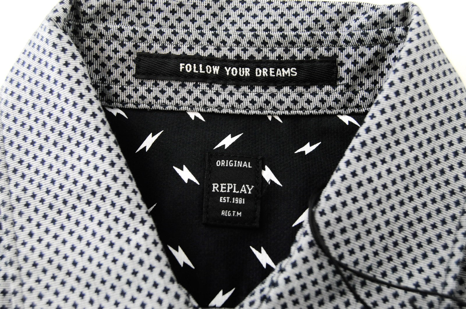 REPLAY Men Shirt S Grey Long Sleeved Patterned Spread Collared Pure Cotton