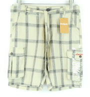 DESIGUAL Marc Men Shorts UK10 Sand Brown Linen Cotton Checked Multi Pocket Logo