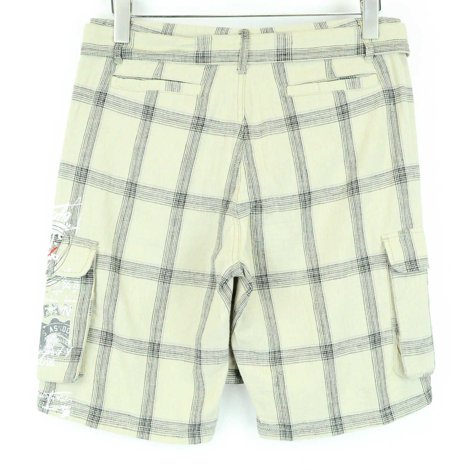 DESIGUAL Marc Men Shorts UK10 Sand Brown Linen Cotton Checked Multi Pocket Logo