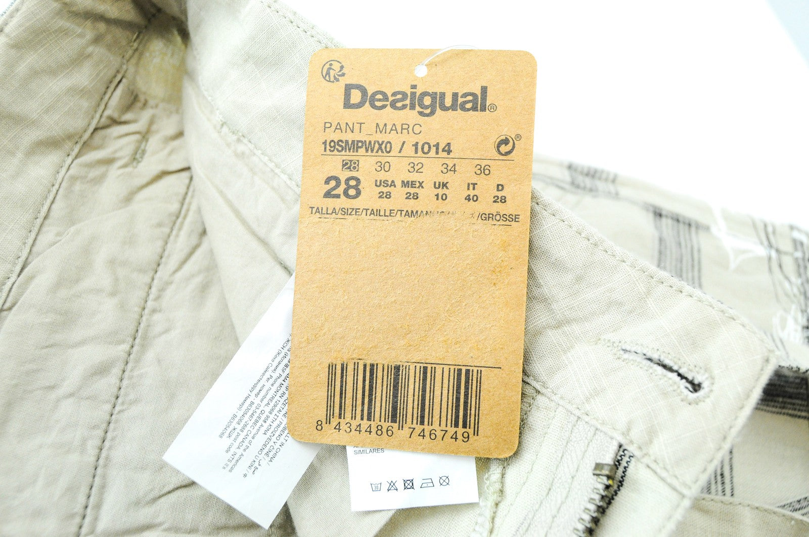 DESIGUAL Marc Men Shorts UK10 Sand Brown Linen Cotton Checked Multi Pocket Logo