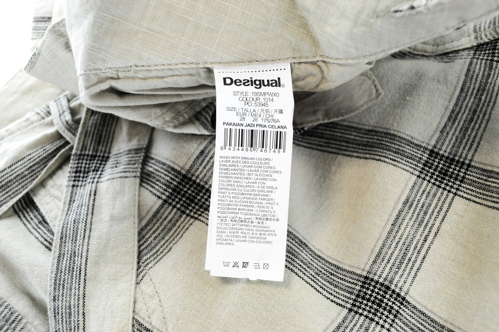 DESIGUAL Marc Men Shorts UK10 Sand Brown Linen Cotton Checked Multi Pocket Logo