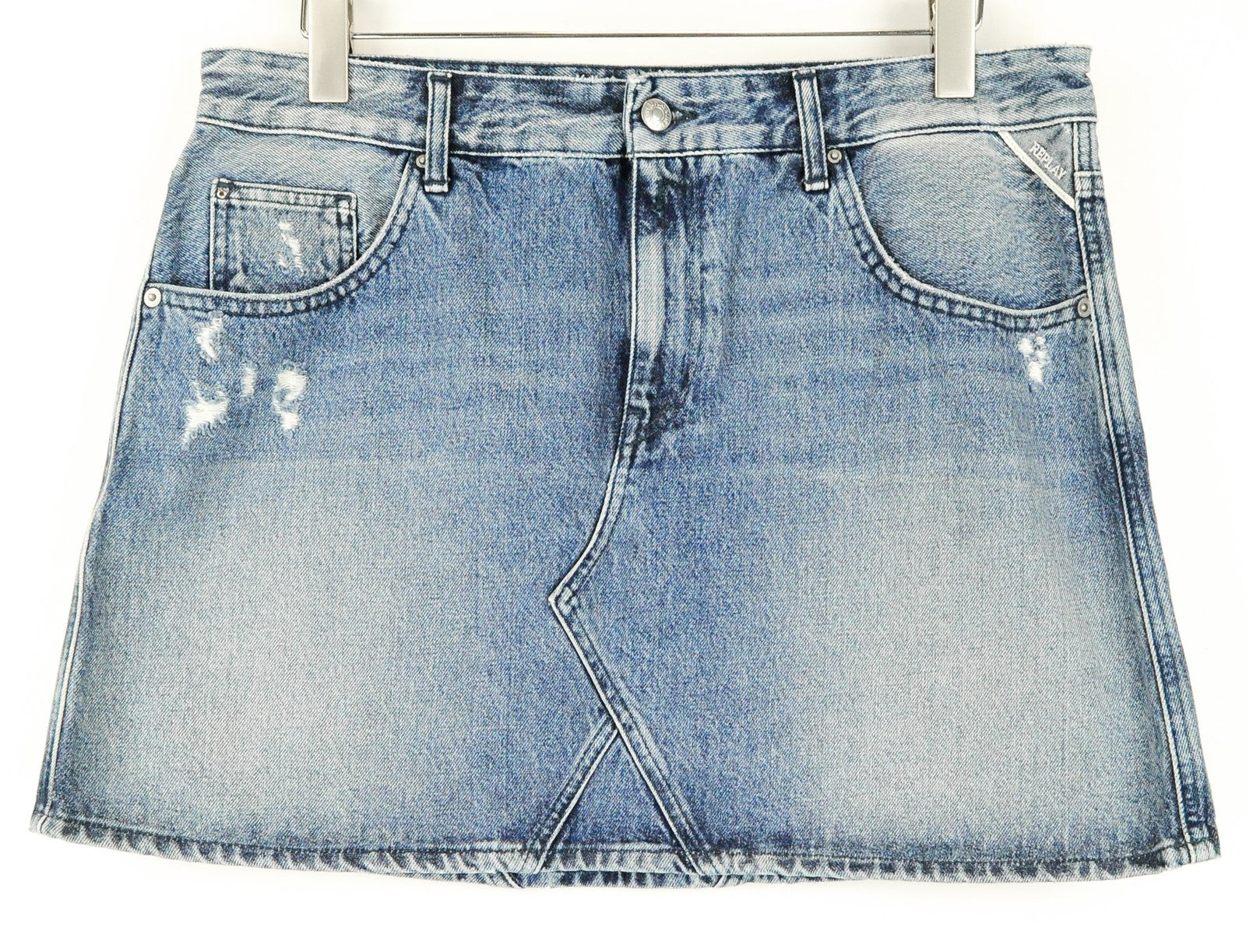 REPLAY Women Skirt W32 Blue Pure Cotton Washed Distressed Denim Mini
