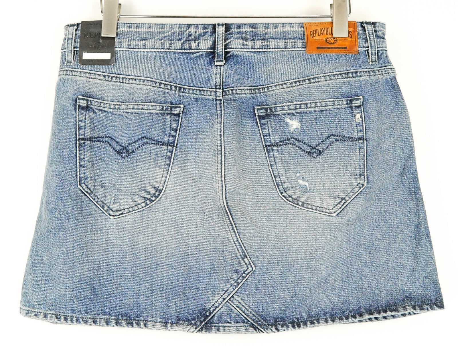 REPLAY Women Skirt W32 Blue Pure Cotton Washed Distressed Denim Mini