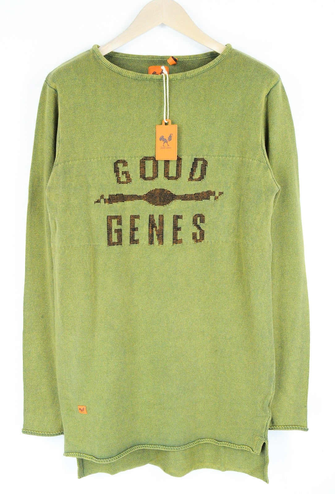 GOOD GENES Men Jumper S Green Pure Cotton Knitted Logo Long Sleeve Sweater