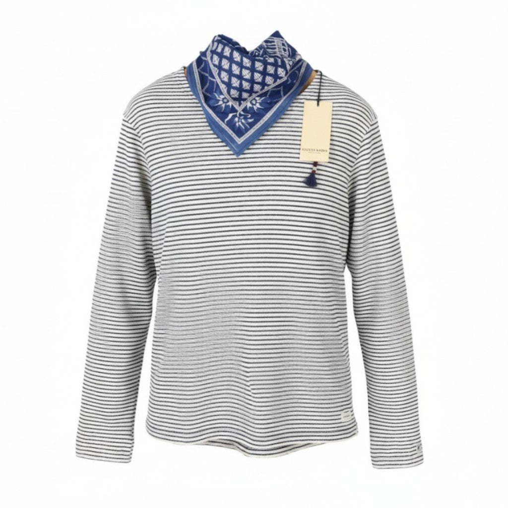 SCOTCH & SODA Men T-Shirt M White Striped Removable Scarf Long Sleeved