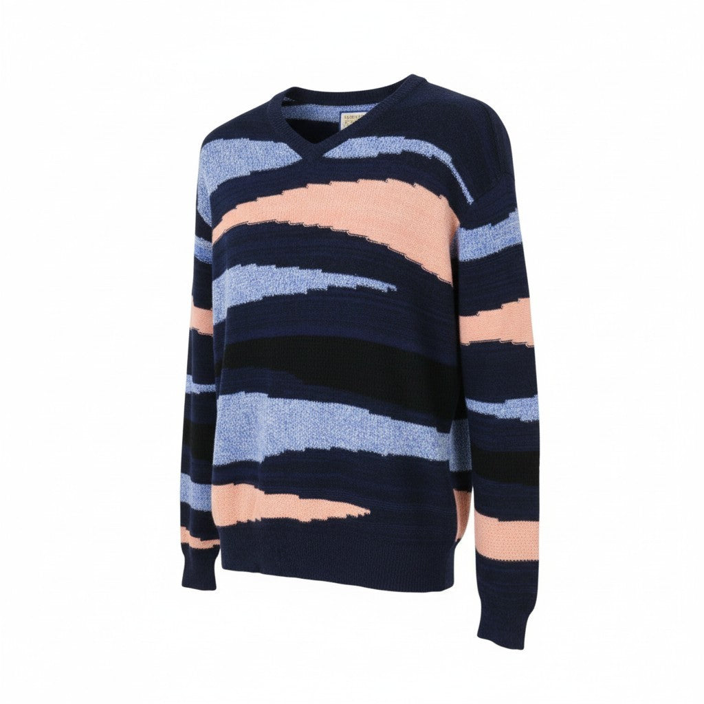 SCOTCH & SODA Men Jumper L Dark Blue Patterned Tight Knit V-Neck Pull On