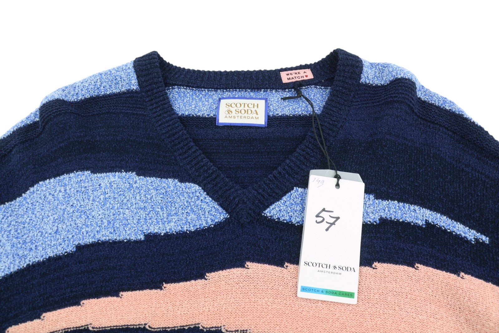 SCOTCH & SODA Men Jumper L Dark Blue Patterned Tight Knit V-Neck Pull On
