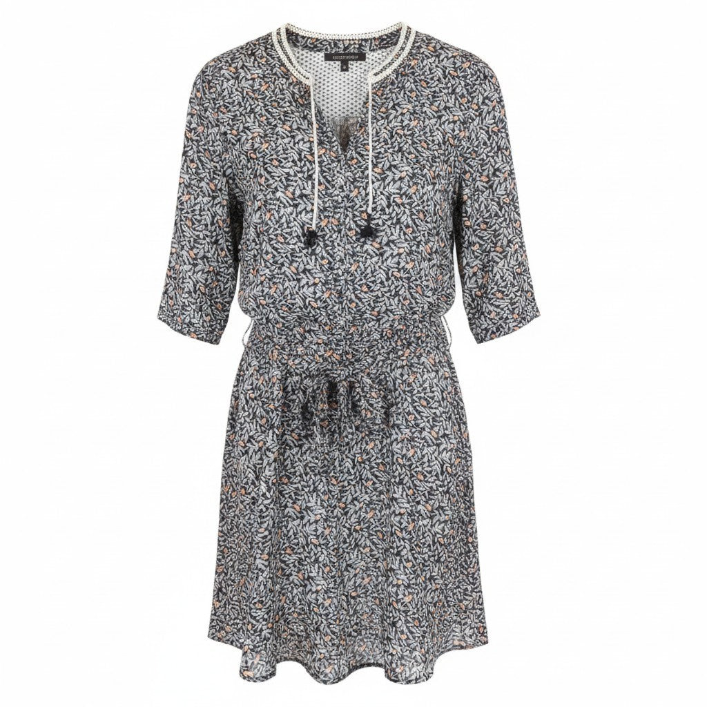 MAISON SCOTCH Women Dress M Black Patterned 3/4 Sleeve Lightweight Belted