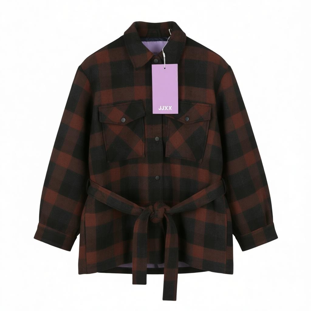 JJXX Blanca Overshirt Women Coat S Black Plaid Belted Snap Button Wool Blend