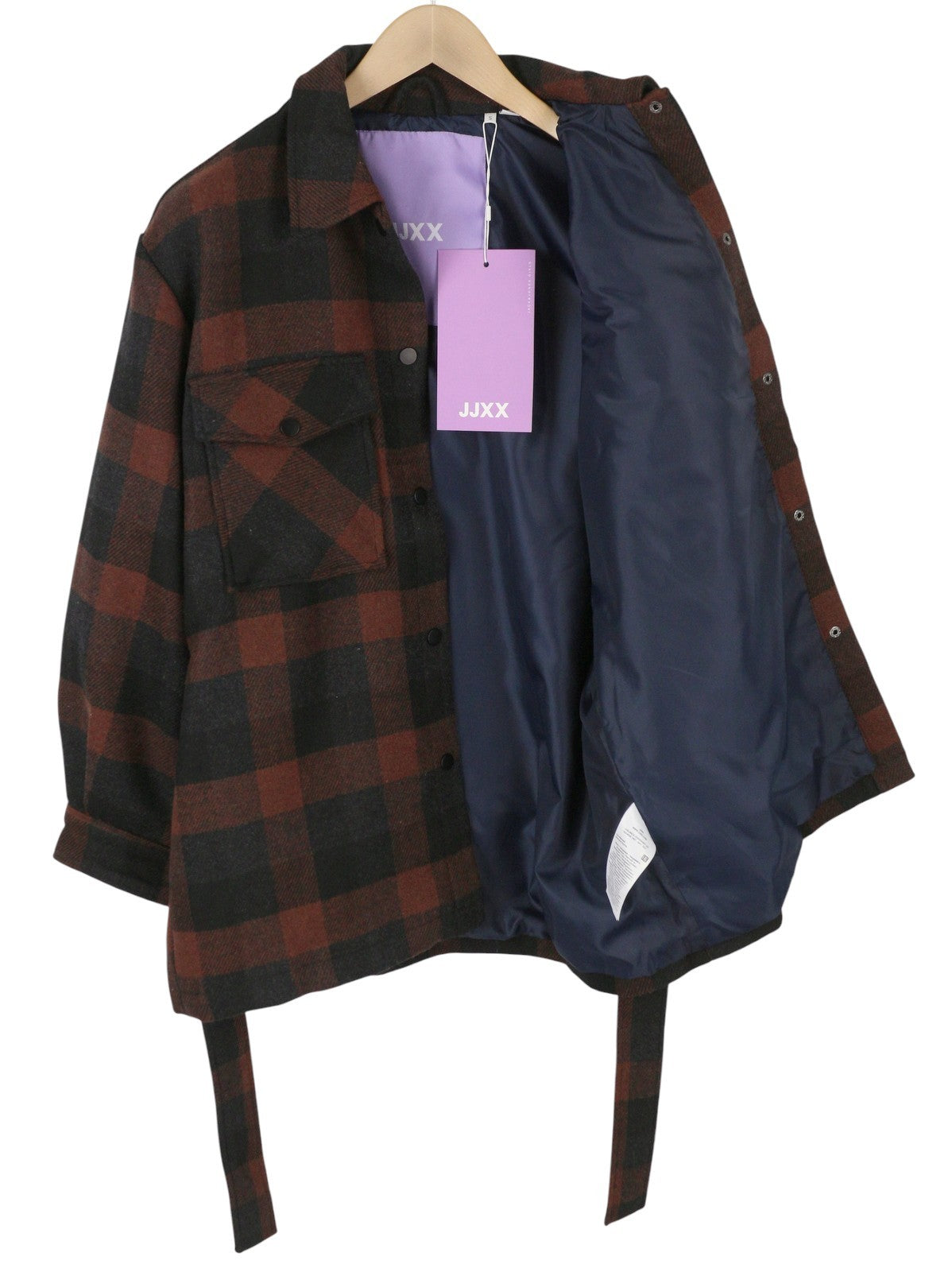 JJXX Blanca Overshirt Women Coat S Black Plaid Belted Snap Button Wool Blend