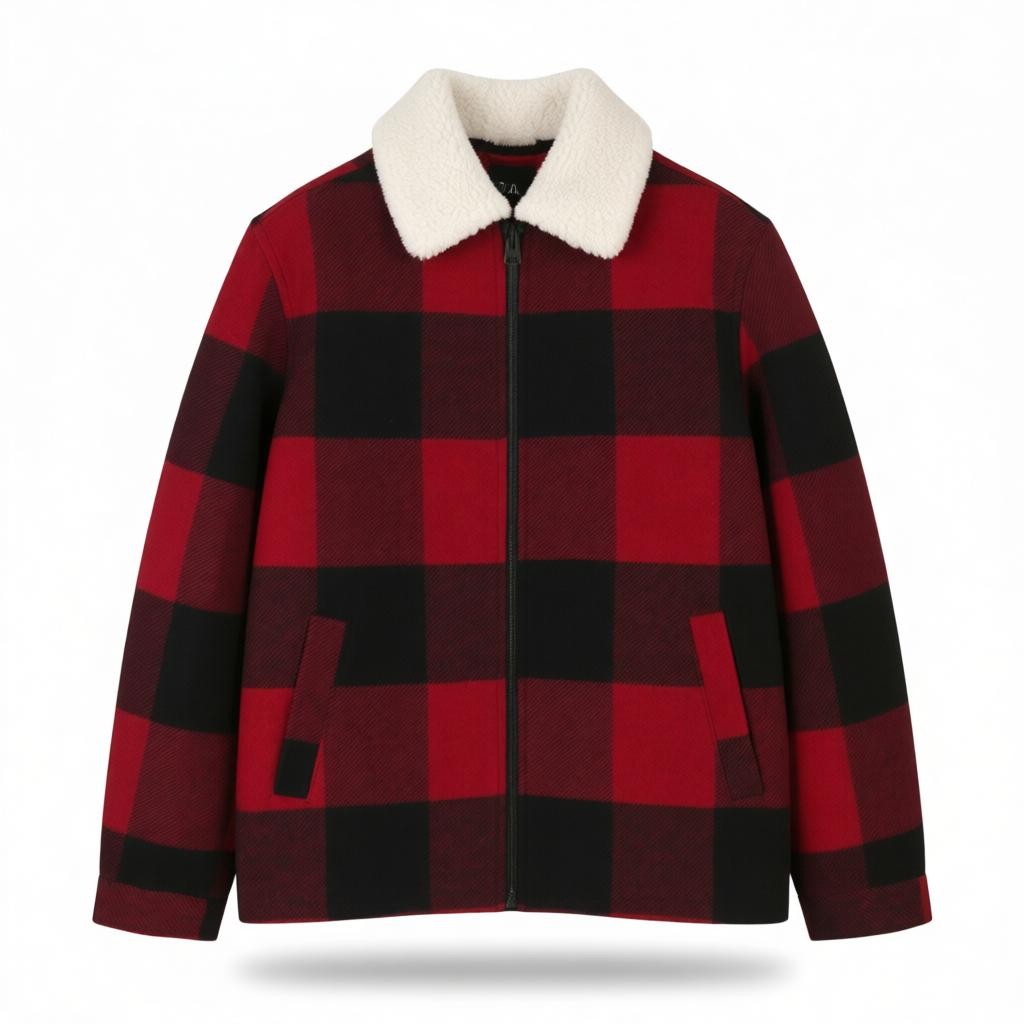 ONLY & SONS Ron Check Men Coat S Red Plaid Wool Blend Sherpa Neck Zip Jacket
