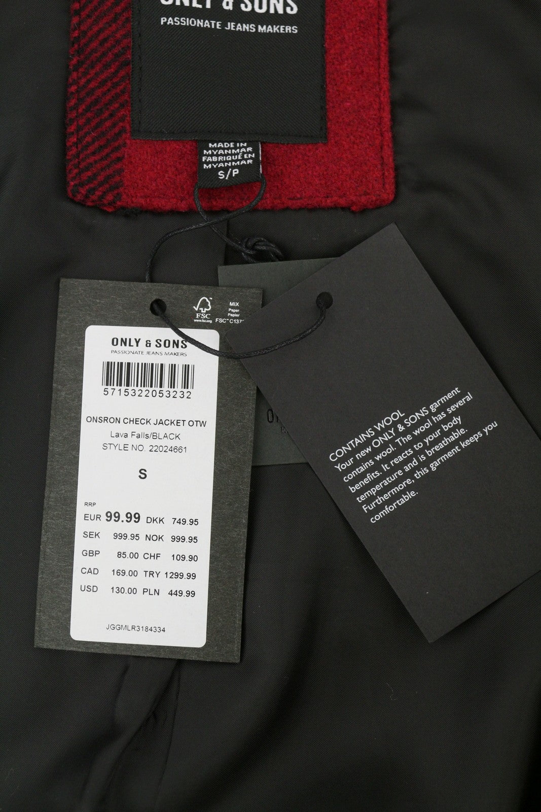 ONLY & SONS Ron Check Men Coat S Red Plaid Wool Blend Sherpa Neck Zip Jacket