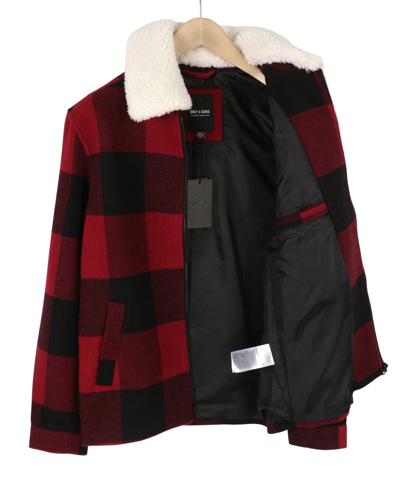 ONLY & SONS Ron Check Men Coat S Red Plaid Wool Blend Sherpa Neck Zip Jacket