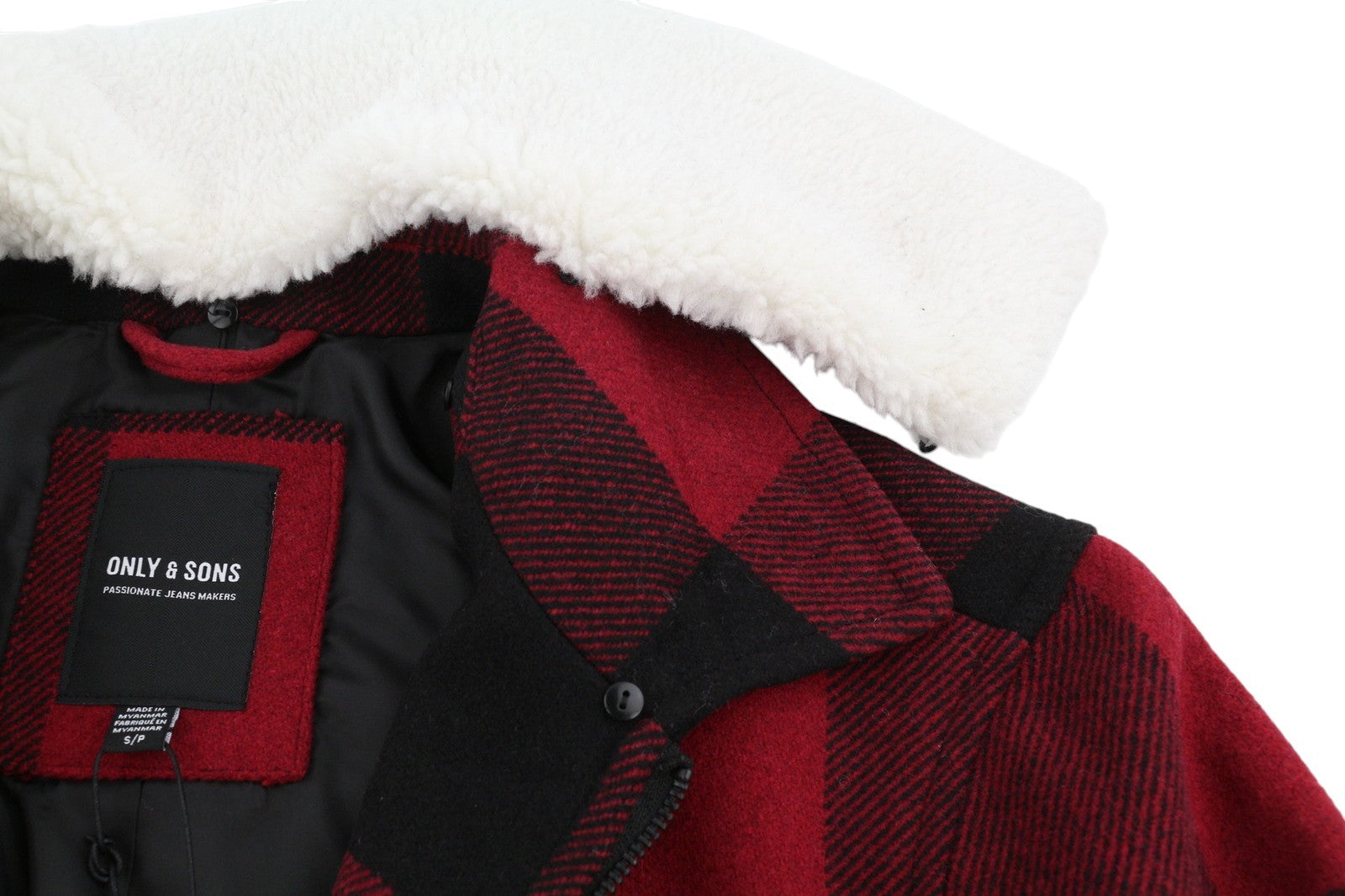 ONLY & SONS Ron Check Men Coat S Red Plaid Wool Blend Sherpa Neck Zip Jacket