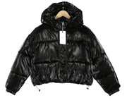 RESPECT Cropped Metallic Puffer Women Jacket L Black Hooded Quilted Zip Coat