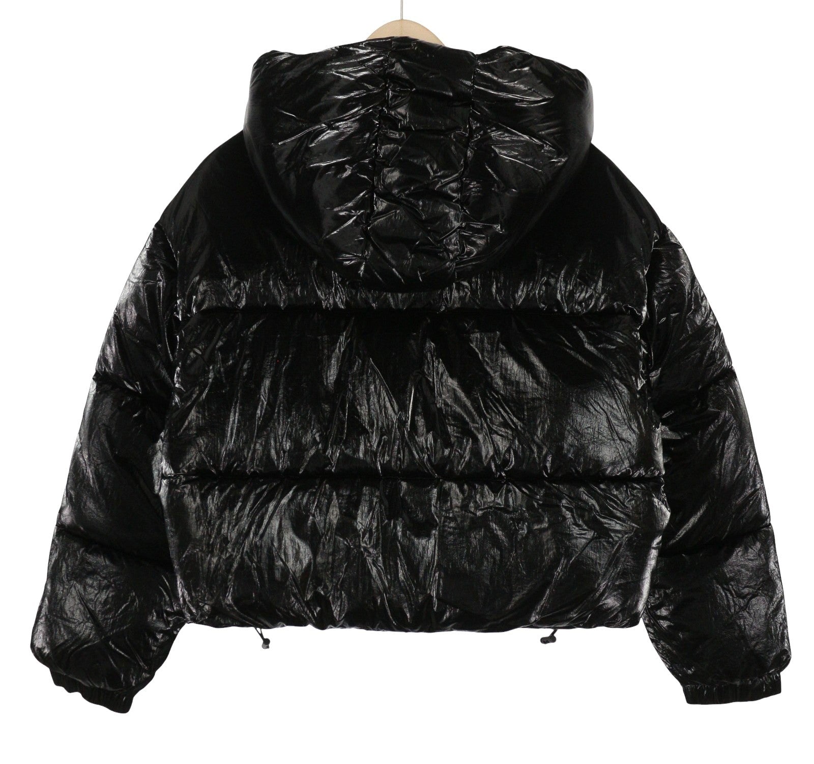 RESPECT Cropped Metallic Puffer Women Jacket L Black Hooded Quilted Zip Coat