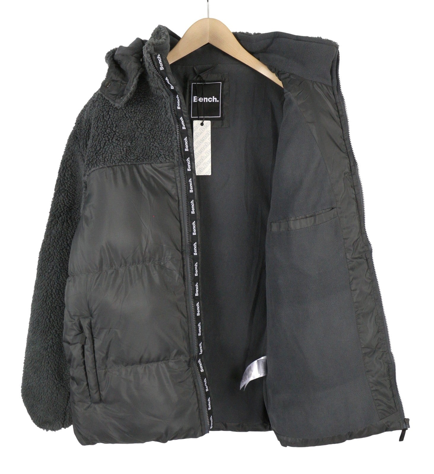 BENCH Detta Men Jacket XL Grey Quilted Hooded Zip Sherpa Lined Coat